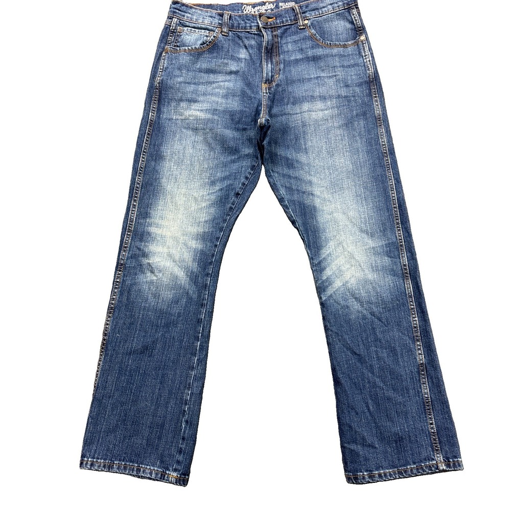 Wrangler Retro Relaxed Boot Jeans Mens 34x33 Cowboy Western Faded Whiskered Blue